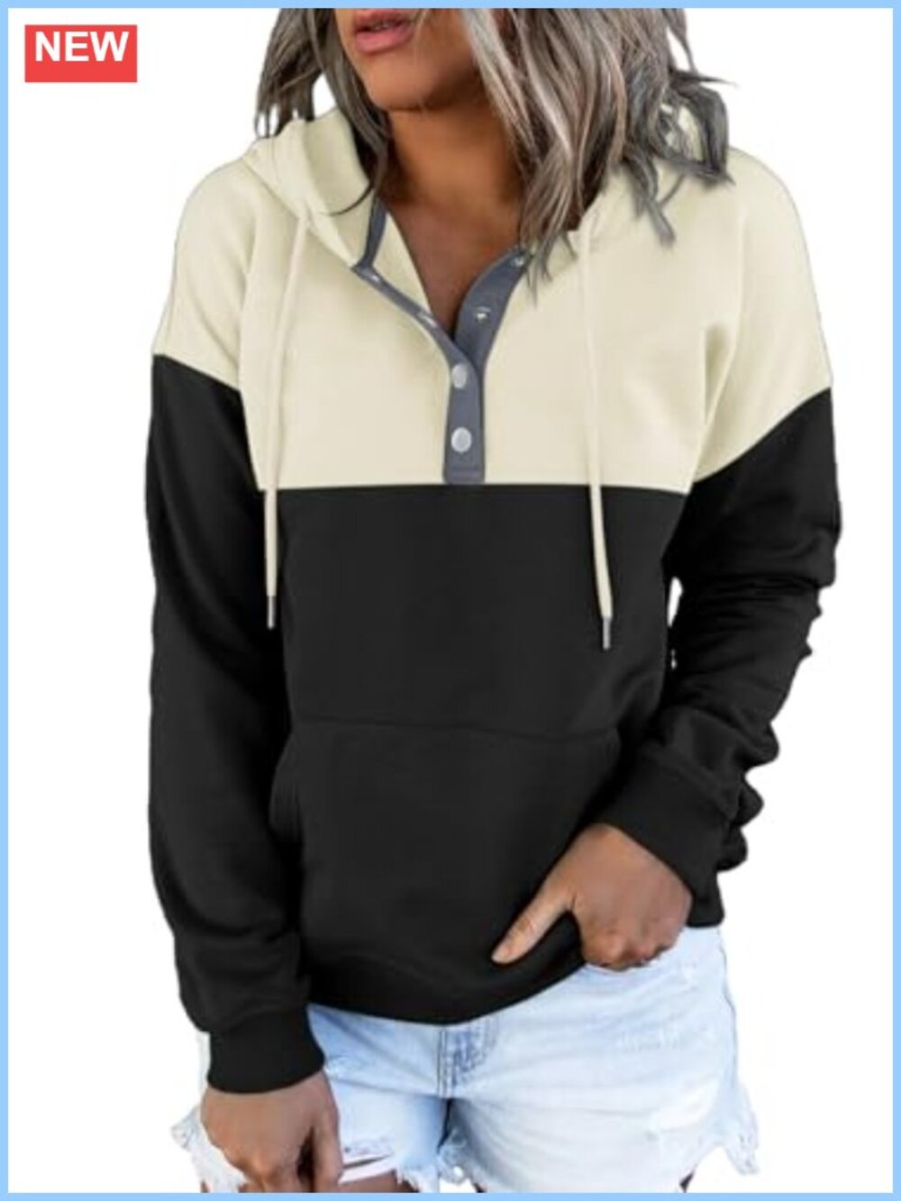 Womens Oversized Button Front Hooded Sweatshirt Drawstring Pullover